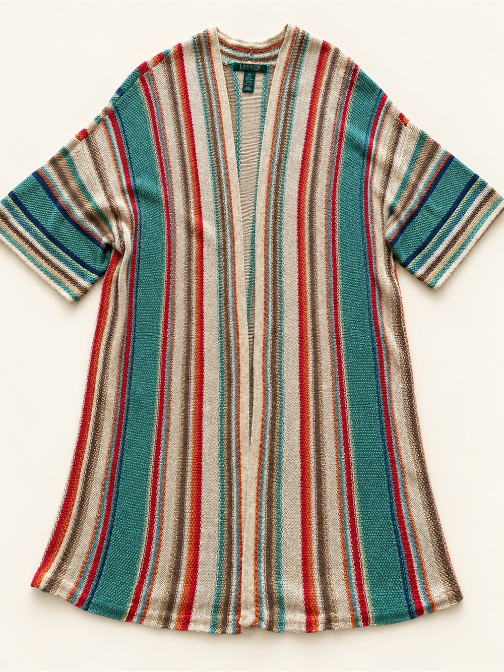 Lauren Ralph Lauren 2X Linen Blend Striped Open Front Cardigan Boho
